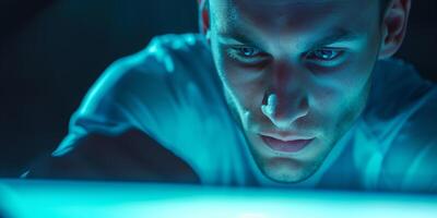 Focused Young Man Intently Working on Computer with Blue Glow photo