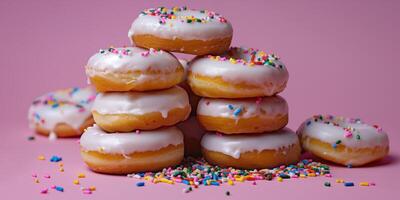 Delicious Stack of Frosted Donuts with Sprinkles on Pink Background photo