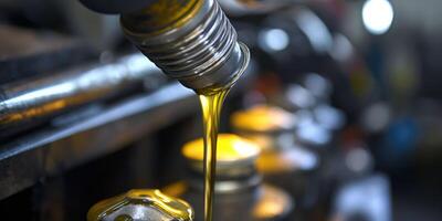 Closeup of Engine Oil Being Poured into a Metallic Container in a Workshop photo