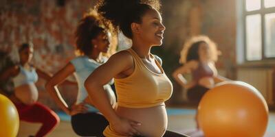 Pregnant Women Practicing Prenatal Yoga with Exercise Balls in a Bright Studio Setting photo