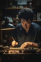 Skilled Artisan at Work Crafting Jewelry in Dimly Lit Workshop photo