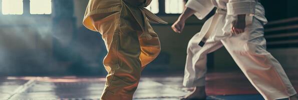 Two Martial Artists Practicing Kicks In Dojo with Sunlight Streaming Through Windows photo