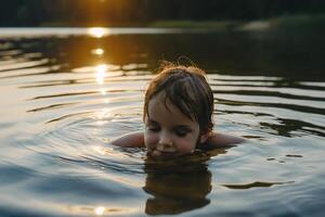 Child Enjoying a Peaceful Swim in Serene Lake at Sunset photo