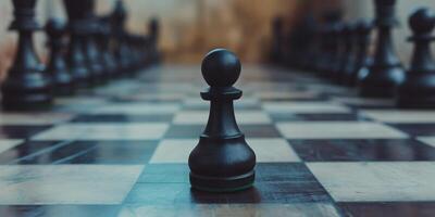 CloseUp of Black Pawn on Chessboard Focus on Strategy and DecisionMaking in Competitive Chess photo