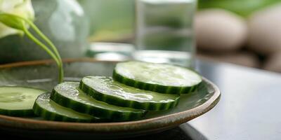 Sliced Fresh Cucumbers on Plate with Water and Flowers in Spa Setting photo