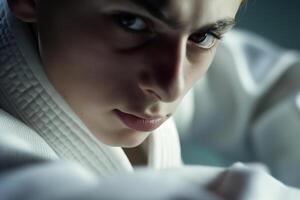 Intense Martial Artist CloseUp in White Gi Uniform photo