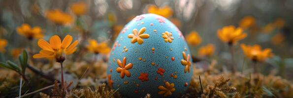 Decorative Easter Egg with Floral Designs Surrounded by Yellow Flowers in Spring Garden photo