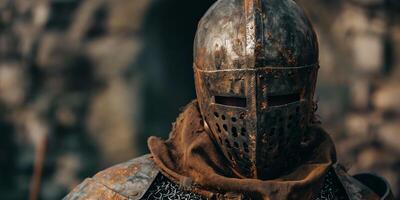 Medieval Knight in Rusty Armor with Chainmail and Helmet photo