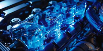 CloseUp of HighTech Engine Component Illuminated with Blue LED Lighting photo