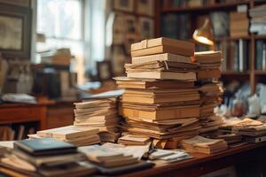 Messy Desk with Stacks of Papers and Books in a Cluttered Home Office photo