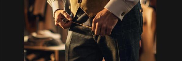 Tailored Suit Perfection CloseUp of a Man Adjusting Belt in Professional Tailoring Studio photo