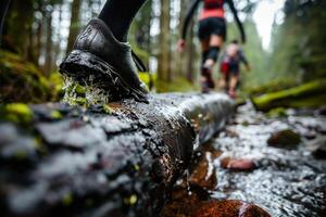 Adventurous Hikers Crossing Wet Log in Forest Trail photo