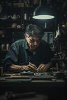 Artisan Craftsman Working in Dimly Lit Workshop with Hand Tools and Materials photo