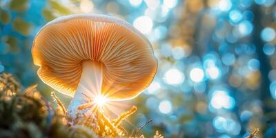 Enchanting Forest Mushroom with Sunlight Through Gills and Vibrant Bokeh Background photo