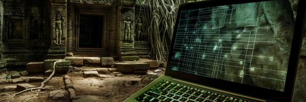 Ancient Ruin with Modern Technology Laptop Displaying Data in Historical Temple photo