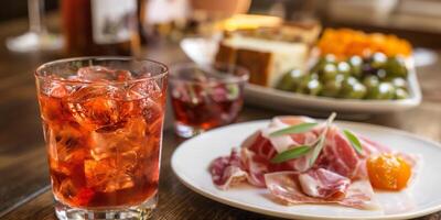 Refreshing Cocktail with Cold Cuts and Seasonal Fruits Platter on a Wooden Table photo