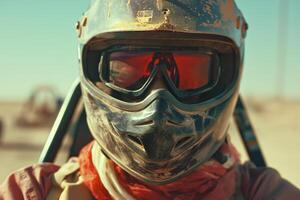 Adventure Enthusiast Wearing Helmet and Reflective Goggles in Desert Environment photo