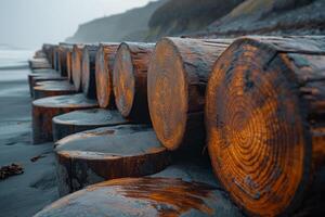 Driftwood Logs on a Rocky Beach in Foggy Weather with Coastal Cliffs photo