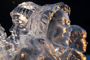 Intricate Ice Sculptures of Faces Illuminated by Soft Light in a Winter Wonderland photo