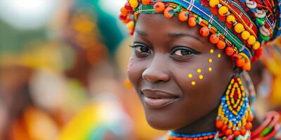 Woman in Traditional Colorful Beaded Headdress with Bright Face Paint photo