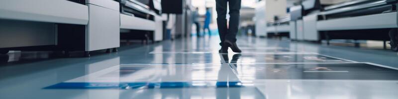Man Walking in Modern Printing Facility with Large Format Printers and Glossy Floor photo