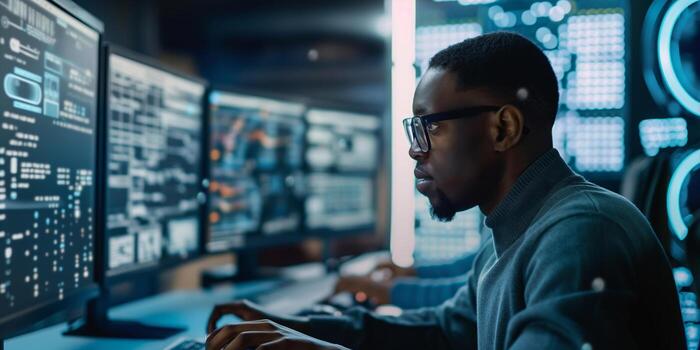 Focused Man Analyzing Data on Multiple Computer Screens in a Modern HighTech Workspace photo