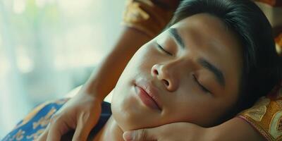 Man Enjoying Relaxing Massage Therapy in Bright Light photo