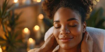 Relaxed Woman Enjoying Spa Massage with Soft Candlelight and Greenery in Background photo