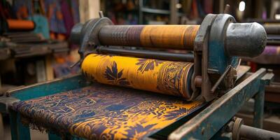 Vintage Textile Printing Machine in Workshop Creating Colorful Fabric Patterns photo