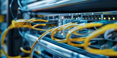 Network Server Rack with Connected Ethernet Cables in Data Center photo