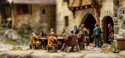 Medieval Village Gathering Figures in Historical Setting Around a Table photo