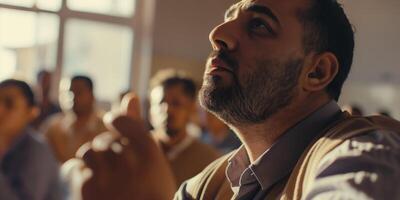 Thoughtful Man in Classroom Setting Listening Attentively During Lecture photo