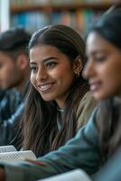 Smiling Students in Class Engaged in Group Study Session in Library photo