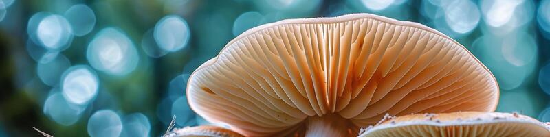 CloseUp of Mushroom Gills in Forest with Bokeh Background photo