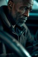 Contemplative Man in Car Wearing Warm Jacket During Winter Season photo