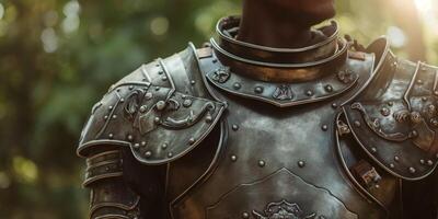 Medieval Knight Armor in Sunshine with Greenery Background photo
