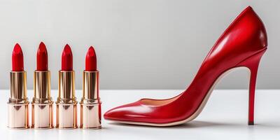 Elegant Red Lipsticks in a Row with Matching High Heel Shoe on a White Background photo