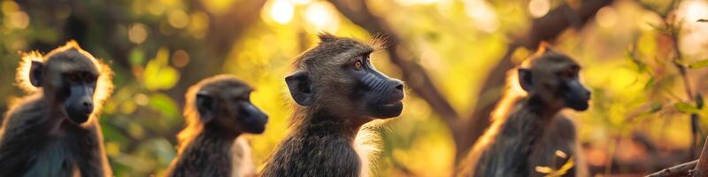Group of Monkeys in Sunlit Forest Wildlife with Warm Golden Light photo