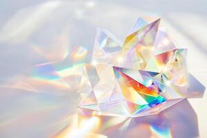 Colorful Prisms and Light Refractions Creating Spectral Shades on White Background photo