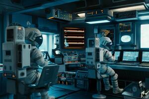 Astronauts Monitoring Space Mission in HighTech Control Room aboard Spacecraft photo