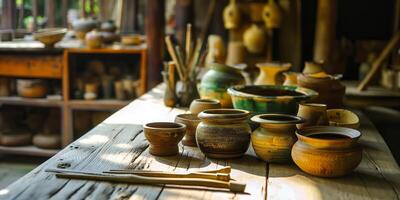 Traditional Handmade Pottery Collection Displayed on Rustic Wooden Table in Artisan Workshop photo