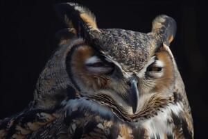 Closeup of a Great Horned Owl with Striking Feathers and Intense Gaze photo