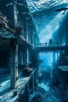 Underwater Exploration Inside Sunken Structure with Coral and Fish photo