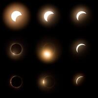 Composite of 9 images of the solar eclipse in 2024 from start through total eclipse. Beginning of the uncovering of the sun with the Baily's Beads photo