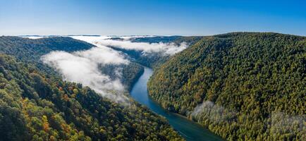 Panorama of gorge of the Cheat River upstream of Coopers Rock State Park in West Virginia with fall colors photo