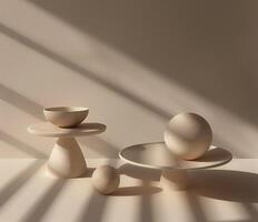 Contemporary minimalist display of ceramic objects in natural light photo