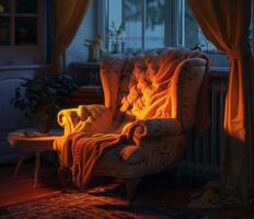Cozy evening in a modern living room with warm lighting and a plush armchair photo