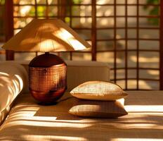Modern interior with soft lighting, textured cushions, and natural elements photo