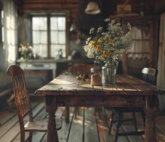 Cozy modern kitchen with rustic table and fresh flowers in a sunlit space photo