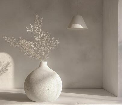 moderno minimalista interior con florero y colgante ligero en suave natural ligero foto